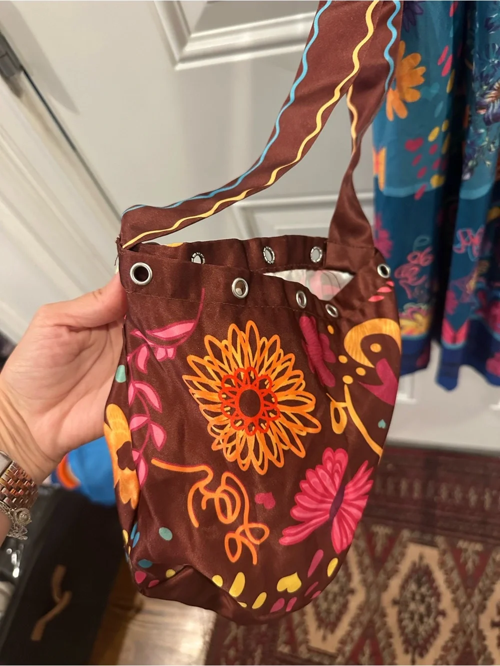 Encanto Mirabel Vibrant Floral Midi Dress with Teal Skirt costume with purse